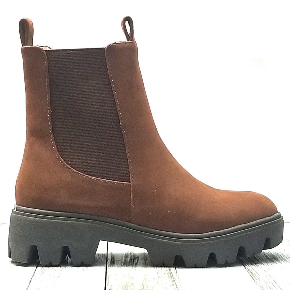 New Women Brown Chelsea Elastic Low Platform Combat Boots Ankle Booties - Picture 2 of 3